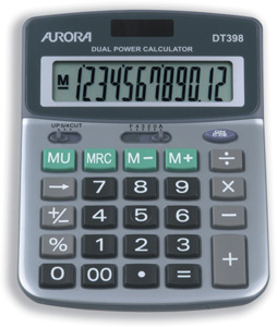 Aurora Calculator Desktop Battery/Solar-power 12 Digit 3 Key Memory 103x138x28mm Ref DT398 Ident: 664C