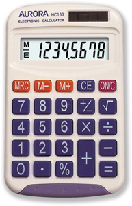 Aurora Calculator Handheld Battery/Solar-power 8 Digit 3 Key Memory 50g 70x115x15mm Ref HC133 Ident: 661F