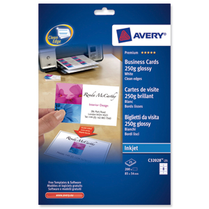 Avery Quick and Clean Business Cards Inkjet 250gsm 8 per Sheet Gloss Ref C32028-25 [200 Cards] Ident: 19A