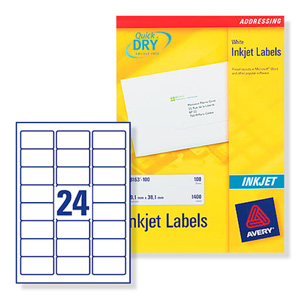 Avery Quick DRY Addressing Labels Inkjet 24 per Sheet 63.5x33.9mm White Ref J8159-25 [600 Labels]