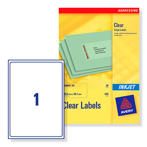 Avery Clear Addressing Labels 1 per Sheet 210x297mm Ref J8567-25 [25 Labels]