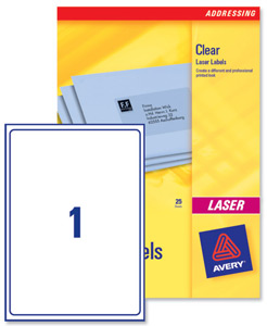Avery Clear Addressing Labels Laser 1 per Sheet 210x297mm Ref L7567-25 [25 Labels] Ident: 134A