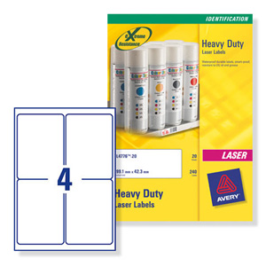 Avery Heavy Duty Labels Laser 4 per Sheet 99.1x139mm White Ref L4774-20 [80 Labels] Ident: 141B