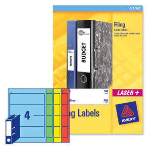Avery Filing Labels Laser Lever Arch 4 per Sheet 200x60mm Assorted Ref L7171A-20 [80 Labels]