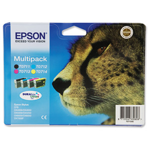 Epson T0715 Inkjet Cartridge DURABrite Cheetah Cyan/Magenta/Yellow/Black Ref C13T07154010 [Pack 4] Ident: 804E