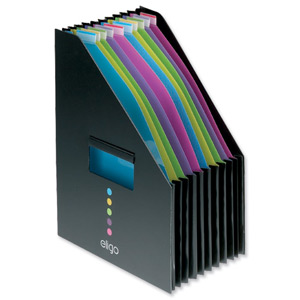 Eligo Desk Organiser Expanding Polypropylene with Colour-coded Tabs 13-Part Portrait Black Ref 15171