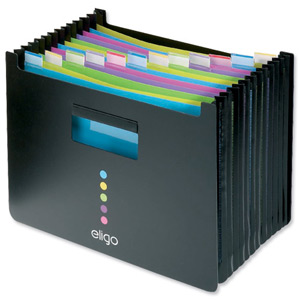 Eligo Desk Organiser Expanding Polypropylene with Colour-coded Tabs 13-Part Landscape Black Ref 15174 Ident: 207E