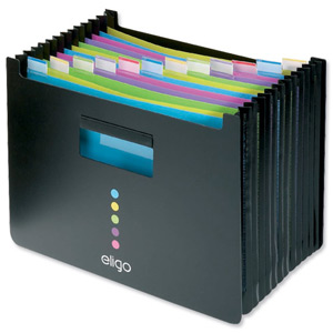 Eligo Desk Organiser Expanding Polypropylene with Colour-coded Tabs 13-Part Landscape Black Ref 15174