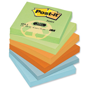 Post-it Notes Recycled 100 Sheets per Pad 76x76mm Pastel Rainbow Ref 654-1RP [Pack 12] Ident: 61D