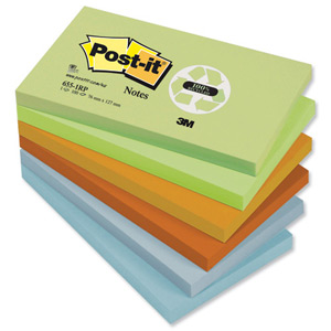 Post-it Notes Recycled 100 Sheets per Pad 76x127mm Pastel Rainbow Ref 655-1RP [Pack 12]