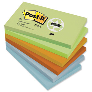 Post-it Notes Recycled 100 Sheets per Pad 76x127mm Pastel Rainbow Ref 655-1RP [Pack 12] Ident: 61D