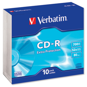 Verbatim CD-R Recordable Disk Write-once Cased 52x Speed 80 Min 700Mb Ref 43327 [Pack 10]