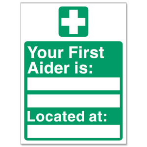 Stewart Superior Your First-Aider Is Located At Self Adhesive Sign Ref SP049PVC Ident: 548C