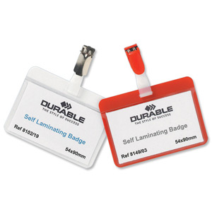 Durable Name Badges Self Laminating Self Adhesive W90xH54mm Red Ref 8149-03 [Pack 25]