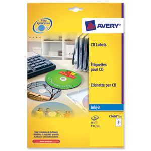 Avery CD/DVD Labels Inkjet 2 per Sheet Dia.117mm Photo Quality Glossy Ref C9660-25 [50 Labels] Ident: 140A