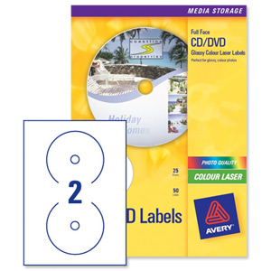 Avery CD/DVD Labels Laser 2 per Sheet Dia.117mm Photo Quality Glossy Colour Ref L7760-25 [50 Labels] Ident: 140C