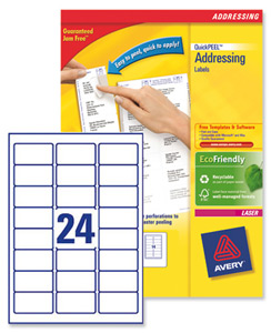 Avery Addressing Labels Laser Jam-free 24 per Sheet 63.5x33.9mm White Ref L7159-250 [6000 Labels] Ident: 133A