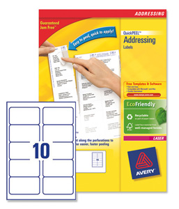 Avery Addressing Labels Laser Jam-free 10 per Sheet 99.1x57mm White Ref L7173-250 [2500 Labels] Ident: 135A