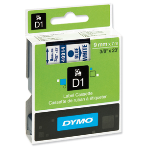 Dymo D1 Tape for Electronic Labelmakers 9mmx7m Blue on White Ref 40914 S0720690 Ident: 724B