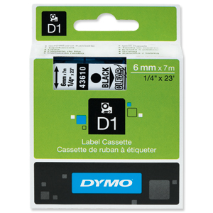 Dymo D1 Tape for Electronic Labelmakers 6mmx7m Black on Clear Ref 43610 S0720770 Ident: 724B