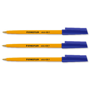 Staedtler 430 Stick Ball Pen Fine 0.8mm Tip 0.3mm Line Blue Ref 430F3 [Pack 10] Ident: 84G