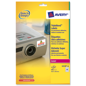 Avery TripleBond Labels Durable 40 per Sheet 45.7x25.4mm White Ref L6140-20 [800 Labels]