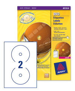 Avery CD/DVD Labels Laser Colour 2 per Sheet Dia.117mm DVD-safe Matt White Ref L7776-25 [50 Labels] Ident: 140F