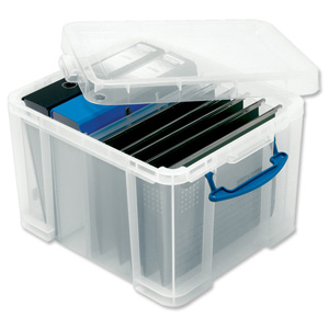 Really Useful Filing Box Plastic 35 Litre Clear with 5 Suspension and 2 Lever Arch Files Ref 35C&5susp Ident: 177P