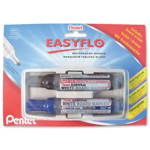 Pentel Easyflo Whiteboard Eraser Kit with 2 Drywipe Marker Pens Black and Blue Ref XMW50MER2-AC Ident: 96G