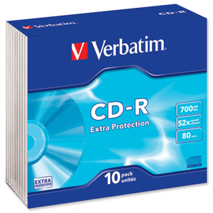 Verbatim CD-R Recordable Disk Slim Cased Write-once 52x Speed 80 Min 700Mb Ref 43415 [Pack 10] Ident: 780A