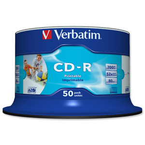 Verbatim CD-R Recordable Disk Inkjet Printable on Spindle 52x Speed 80min 700Mb Ref 43438 [Pack 50] Ident: 780A