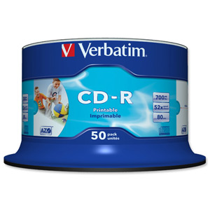 Verbatim CD-R Recordable Disk Inkjet Printable on Spindle 52x Speed 80min 700Mb Ref 43438 [Pack 50]