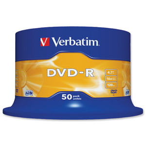 Verbatim DVD-R Recordable Disk Write-once on Spindle 16x Speed 120min 4.7Gb Ref 43548 [Pack 50] Ident: 780C