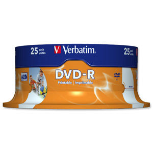 Verbatim DVD-R Recordable Disk Write-once Inkjet Printable Spindle 16x 120min 4.7Gb Ref 43538 [Pack 25]
