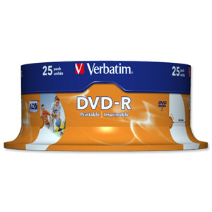 Verbatim DVD-R Recordable Disk Write-once Inkjet Printable Spindle 16x 120min 4.7Gb Ref 43538 [Pack 25] Ident: 780C