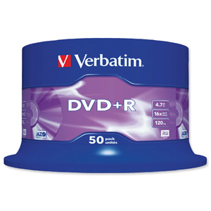 Verbatim DVD+R Recordable Disk Write-once Spindle 16x Speed 120min 4.7Gb Ref 43550 [Pack 50]