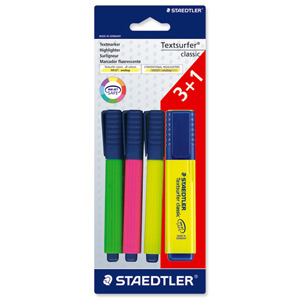 Staedtler Textsurfer Classic Highlighter Line Width 2.5-4.7mm Assorted Ref 364ABK4 [Pack 3 + 1 FREE]