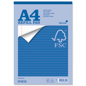 Silvine Refill Pad FSC Paper Feint Headbound Ruled Margin 4-Hole Punched 160pp A4 Ref FSCRP80 [Pack 5] Ident: 46A