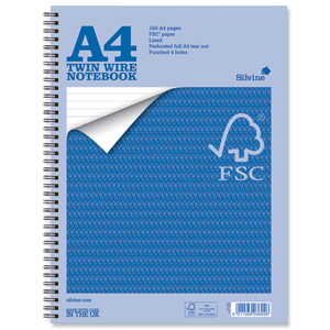 Silvine Notebook Twin Wirebound FSC Paper Perforated 160pp A4 Ref FSCTW80 [Pack 5] Ident: 46A
