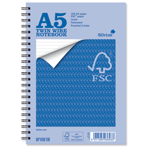 Silvine Notebook Wirebound FSC Paper Feint Ruled 160pp A5 Ref FSCTWA5 [Pack 5] Ident: 46A