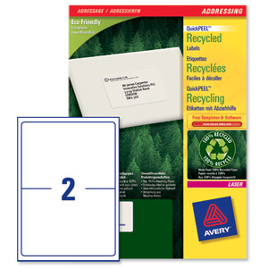 Avery Addressing Labels Laser Recycled 2 per Sheet 199.6x143.5mm White Ref LR7168-100 [200 Labels] Ident: 133C