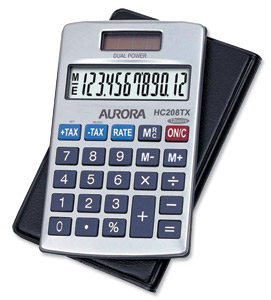 Aurora Calculator Handheld Tax Programmable Solar and Battery Power 12 Digit 3 Key Memory Ref HC208TX Ident: 661A