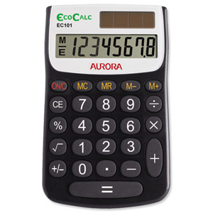 Aurora EcoCalc Calculator Handheld Recycled Solar Power 8 Digit 4 Key Memory Ref EC101 Ident: 661B