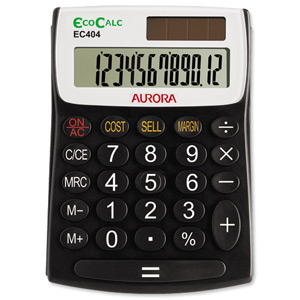 Aurora EcoCalc Calculator Desktop Recycled Solar Powered 12 Digit 3 Key Memory Ref EC404 Ident: 664F