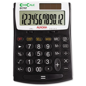 Aurora EcoCalc Calculator Desktop Large Recycled Solar and Battery Power 12 Digit 3 Key Memory Ref EC707 Ident: 663B
