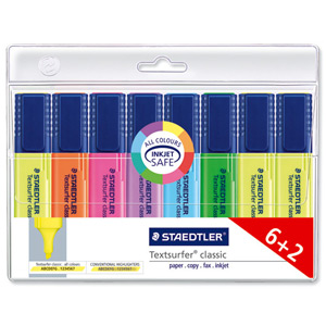 Staedtler Textsurfer Classic Highlighter Line Width 2.5-4.7mm Assorted Ref 364AWP8 [Pack 6 + 2 FREE] Ident: 99C