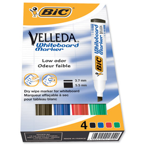 Bic Velleda 1751/1754 Whiteboard Marker Chisel Tip Line Width 3.7-5.5mm Assorted Ref 904950 [Pack 4]