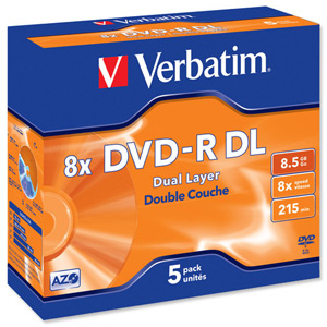 Verbatim DVD-R Recordable Disk Double Layer Write-once Cased 8x 240min 8.5Gb Ref 43596 [Pack 5]