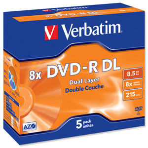 Verbatim DVD-R Recordable Disk Double Layer Write-once Cased 8x 240min 8.5Gb Ref 43596 [Pack 5] Ident: 780C