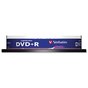 Verbatim DVD+R Recordable Disk Lightscribe Write-once Spindle 16x 120min 4.7Gb Ref 43576 [Pack 10]